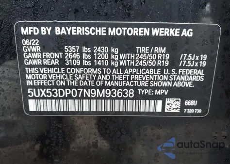 2022 BMW X3 xDrive30I z USA, uszkodzony, nr VIN 5UX53DP07N9M93638
